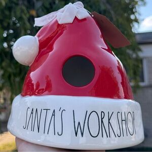 Rae Dunn Santa's Workshop Glazed Ceramic Santa Hat Birdhouse